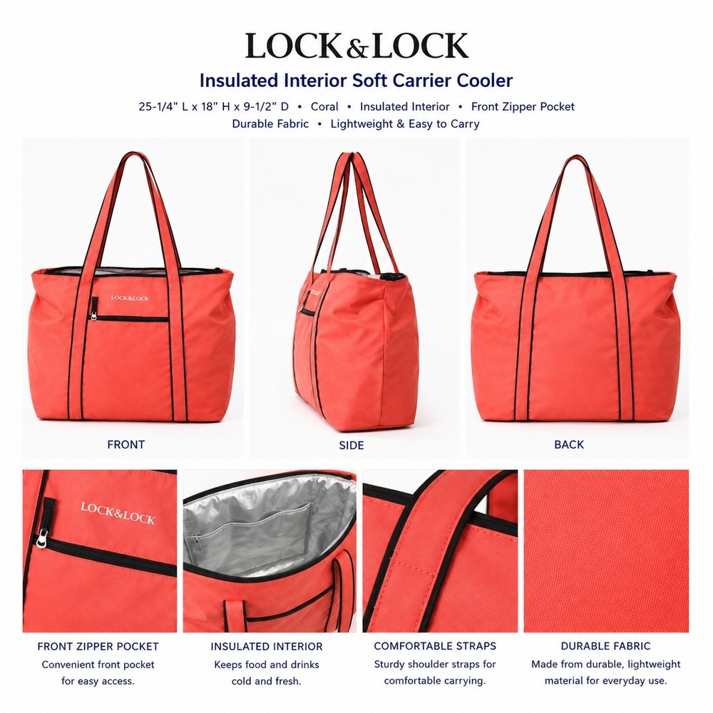 Lock & Lock Insulated Interior Soft Carrier Cooler Bag Coral 25.25x18x9.5 NWOT